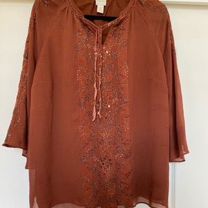 Chico’s Embellished Burnt Orange Tunic Keyhole Tie Blouse